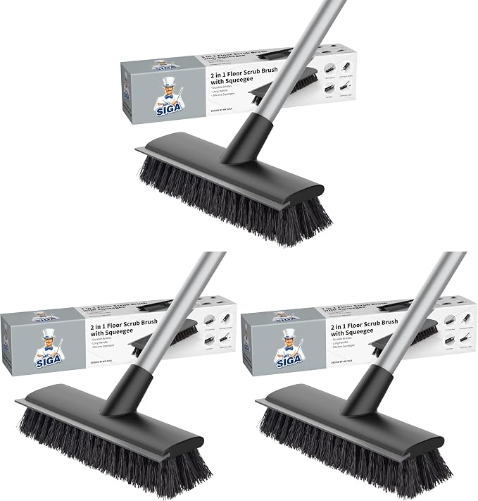 MR.SIGA Floor Scrub Brush with Long Handle, 2 in 1 Scrubber and Squeegee by MRSIGA