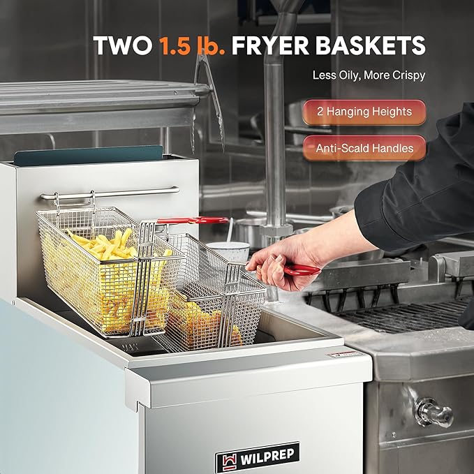 WILPREP Commercial Gas Floor Fryer, 3 Burner Commercial Deep Fryer with 2 Baskets 90000 BTU 40 lb. Capacity 400°F Constant Temperature, Stainless Steel Liquid Propane Deep Fryer for Restaurant Kitchen