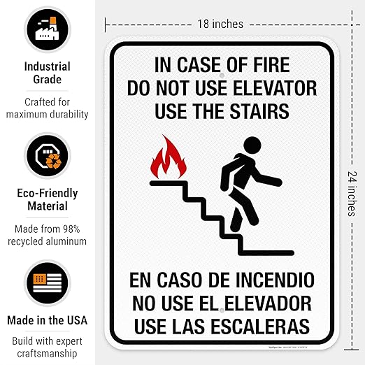 in Case of Fire Do Not Use Elevator Use The Stairs Bilingual Sign, Fire Safety Sign, 18x24 Inches, 3M EGP Reflective .080 Aluminum, Fade Resistant, Indoor/Outdoor Use, Made in USA
