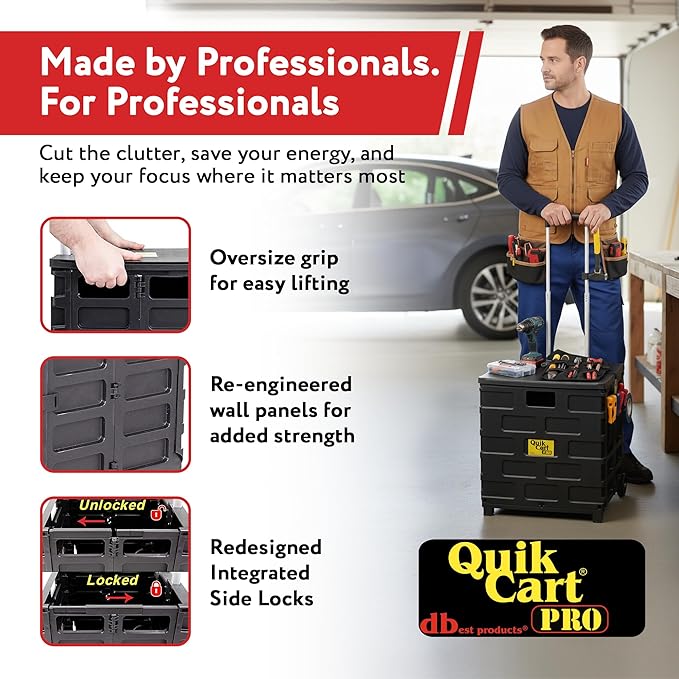 dbest products Quik Cart Pro Wheeled Rolling Crate Teacher Utility with seat Heavy Duty Collapsible Basket with Handle, Aluminum, Black