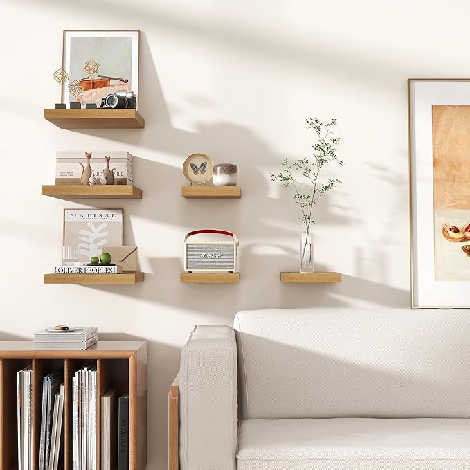 Square Floating Shelves for Wall 8"W x 8"D x 1.2"H, Small Engineered Wood Wall Shelves with Invisible Brackets for Living Room Bedroom Bathroom Office Kitchen Storage & Decor, Oak Finish, Set of 3