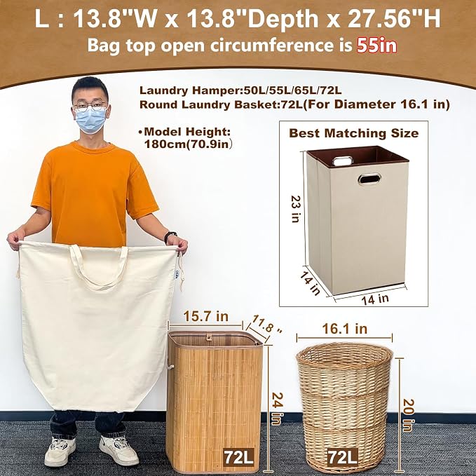 Canvas Laundry Bags with Handles & Square Base 13.8"Wx13.8"Dx27.6"H, 2 Pack - Image 2