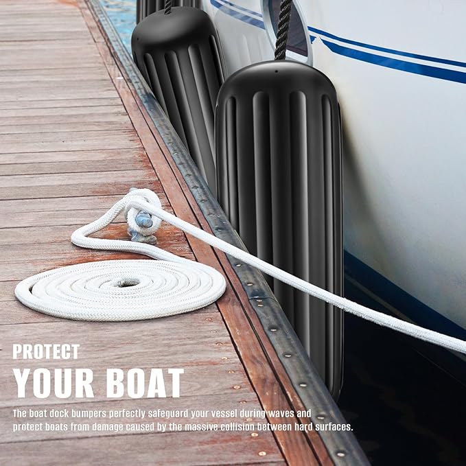 Boat Fenders 4 Pack 10 x 28 Inches Ribbed Center Hole Boat Fenders Bumpers for Docking, Comes with 4 Lines and Pump to Inflate