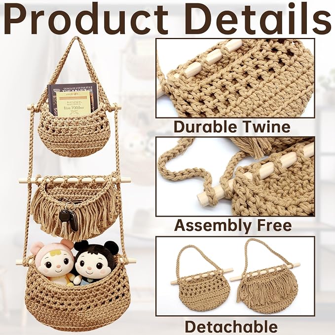 Cotton Rope Hanging Basket, 3 Tier Detachable Wall Organizer Handmade Woven - Image 3