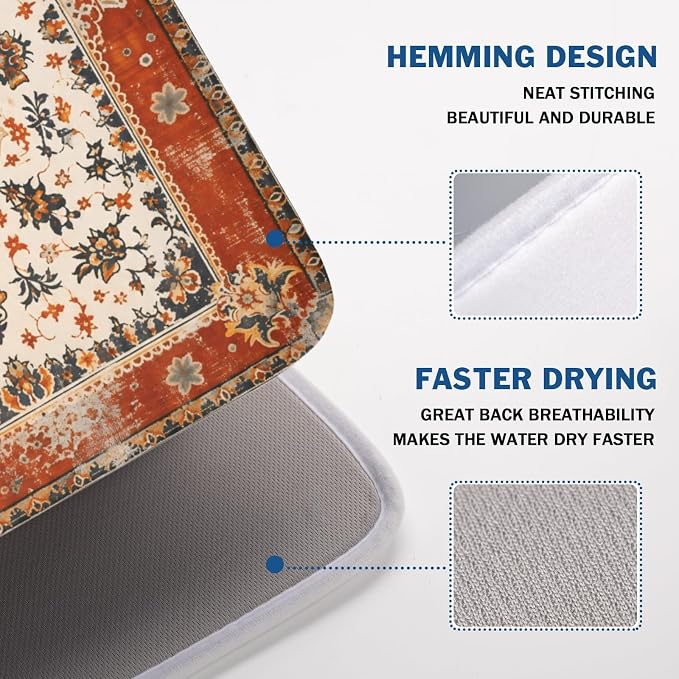 Giwawa Ethnic Boho Dish Drying Mat Rust Coral Floral Decorative Dishes Pad - Image 4