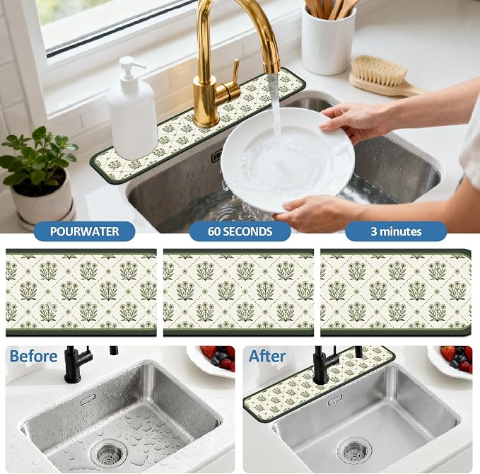 2 Pcs Kitchen Sink Splash Guard Faucet Mat Green Flowers Faucet Mats - Image 5