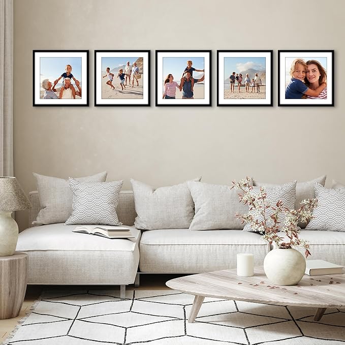 Americanflat 15x15 Picture Frame with Polished Plexiglass - Set of 5 - Use as 12x12 Frame with Mat or Display 15x15 Photo Without Mat - Galleria Collection - Square Frames for Wall Display - Black