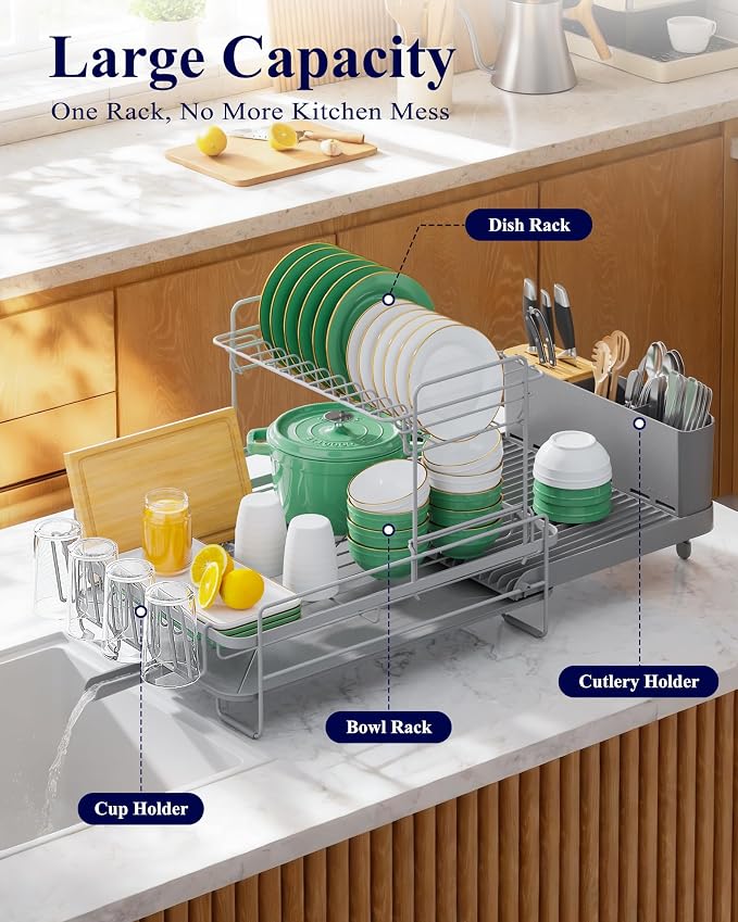 Kitsure Extendable Dish Drying Rack, 19.2"-26.7" L x 12.9" W, 2-Tier | Large - Image 2