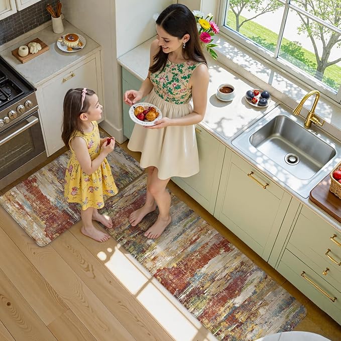 Collive Anti Fatigue Mats for Kitchen Floor, Abstract Cushioned Non Slip Kitchens Rugs Sets of 2 Waterproof, Red Comfort Foam Standing Mat for Sink, Laundry, Home Office, 17"x47"+17"x29"