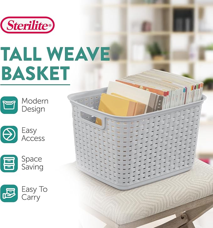 Sterilite Tall Weave Basket, Rectangular Plastic Décor Bin, 6 Pack - Image 3