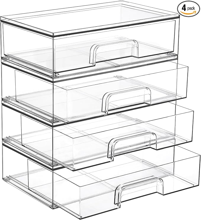 Vtopmart Clear Stackable Storage Drawers, 4 Pack Wide Plastic Organizers | by Vtopmart