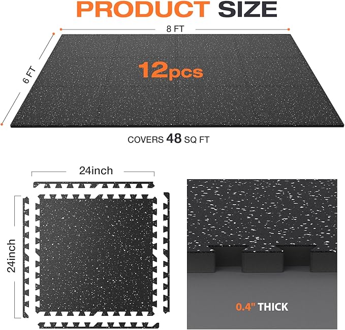 0.4'' Thick 12 Pcs 48 Sq Ft Non-Slip Rubber Top Exercise Equipment Mats, High Density EVA Foam Mats with Rubber Top, Interlocking Puzzle Gym Flooring for Home Gym, Workout Floor Mats, Black