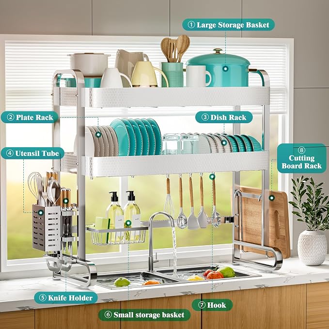 HOWDIA 3-Tier Over The Sink Dish Drying Rack, 304 Stainless Steel | Honeycomb - Image 5