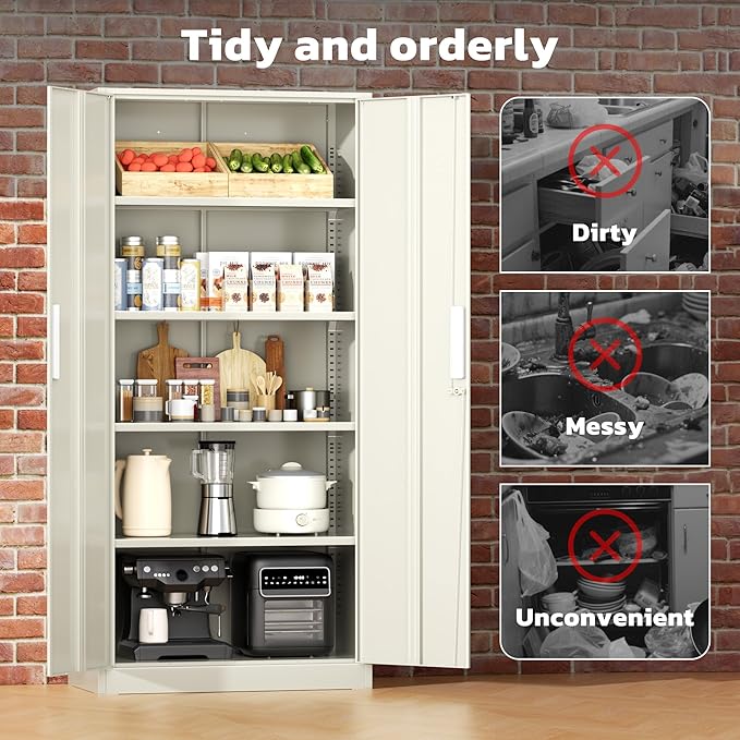Greenvelly Metal Garage Storage Cabinet with 2 Doors and 4 Adjustable Shelves, 72”H Steel Lockable Storage Cabinet,Tall Metal Cabinet Locking File Cabinet for Office,Home, Garage, Gym, School