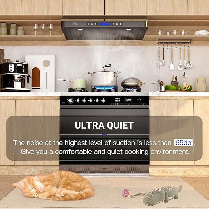 EKON 30 Black inches Under Cabinet Range Hood, 900 CFM Stainless Steel Kitchen Chimney Vent, 4 Speed Touch Screen Control With Remote 2Pcs 3W LED lights Dishwasher-safe Filters Fan Timer