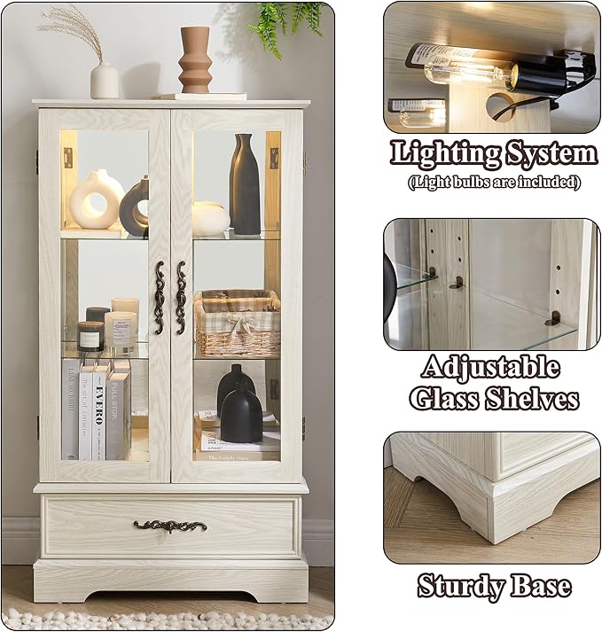 47" H Lighted Curio Cabinet Display Case, Glass Case with Adjustable Shelves,Tempered Glass Door and Drawer, Wooden Curio Cabinet with Mirrored Back Pane for Living Room (Antique White)