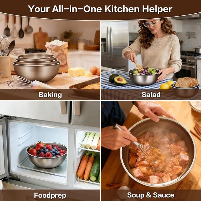 3-Piece Stainless Steel Mixing Bowls Set, 2.4, 3.2 & 4.9 Qt with Measurement Marks, Food Grade 304, Dishwasher Safe & Stackable for Baking, Tossing Salads, and Meal Prep for Your Kitchen