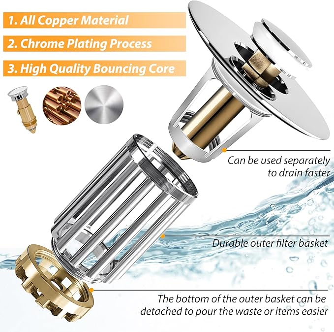 Anlige Bathroom Sink Drain Strainer, Universal Sink Plug - Image 2