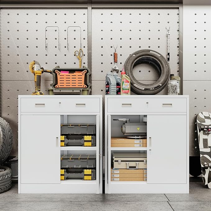 CJF Metal Storage Cabinet, Locking Storage Cabinet with Doors and 1 Drawer, 36" H x 28" W x 16" D Metal Cabinets for Office/Home/Garage -White