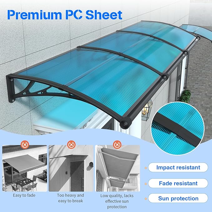 Awning for Door Entrance with Drainage Sink,32ｘ40 Inch Awnings for Doors,Window Canopy Exterior with Plastic Steel Bracket,Polycarbonate Cover,UV,Rain,Snow Protection for House,Porch,Patio,Deck