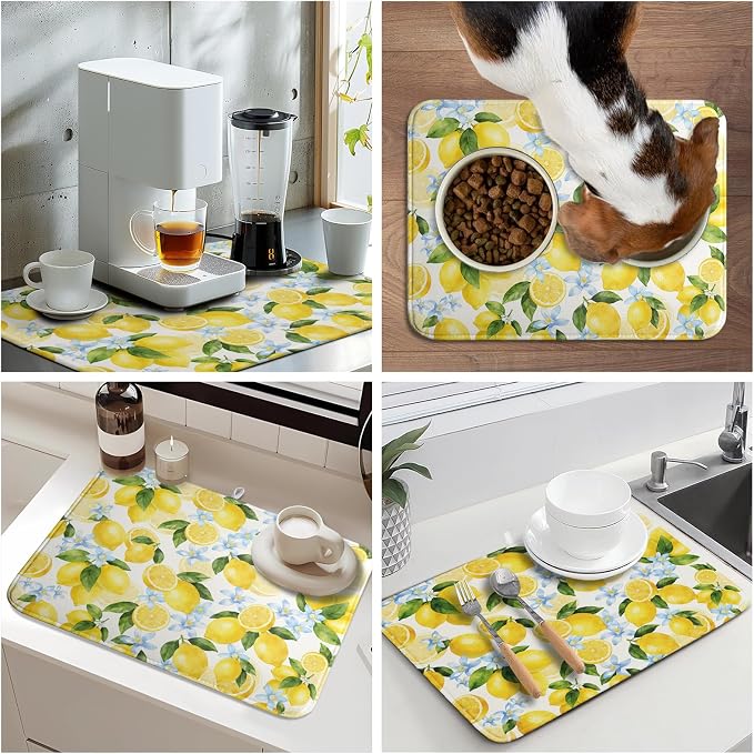 Kawani Lemon Dish Drying Mat 18x24 Inch Absorbent Reversible Summer Drying Mat - Image 9