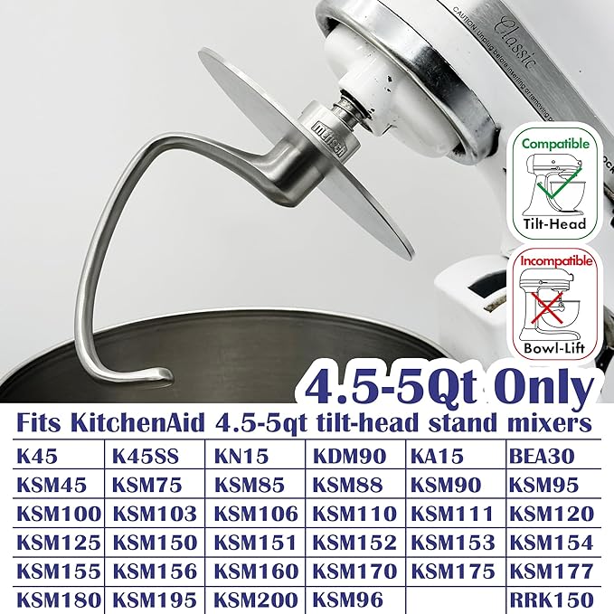 Anti-Climb Stainless Steel Dough Hook for KitchenAid 4.5-5 Qt Tilt-Head Mixers, with 5.1" Shield to Stop Dough Climbing, Replaces K45DH