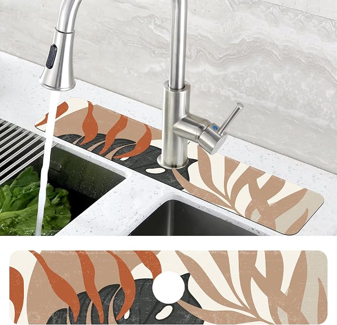 Mid Century Boho Leaves Kitchen Sink Splash Guard Absorbent Fast Drying Mat - Image 4
