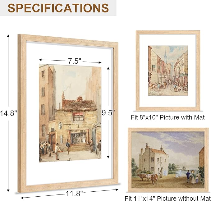 Vittanly 11x14 Picture Frame, Solid Wood Frame with Plexiglass, Includes 8x10 Mat, Wall Hanging for Home Decor, Natural, 3 Pack