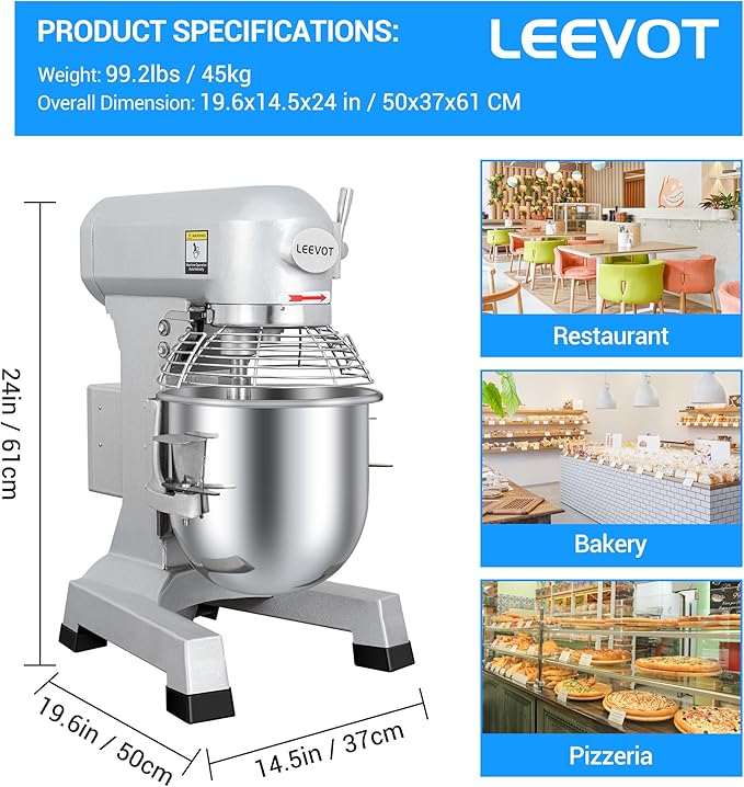 10Qt 500W Commercial Food Mixer, Commercial mixer 3-Speed Adjustable Heavy Duty Stand Mixer with Stainless Steel Bowl for Bakery Pizzeria.