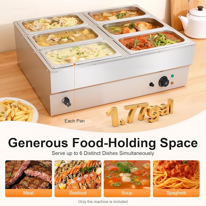 Commercial Food Warmer 6 Pan Buffet Bain Marie, 1500W Stainless Steel Electric Steam Table with Digital Temperature Control (86-230°F), 1.77Gal per Pan for Catering, Restaurants, Wedding Events