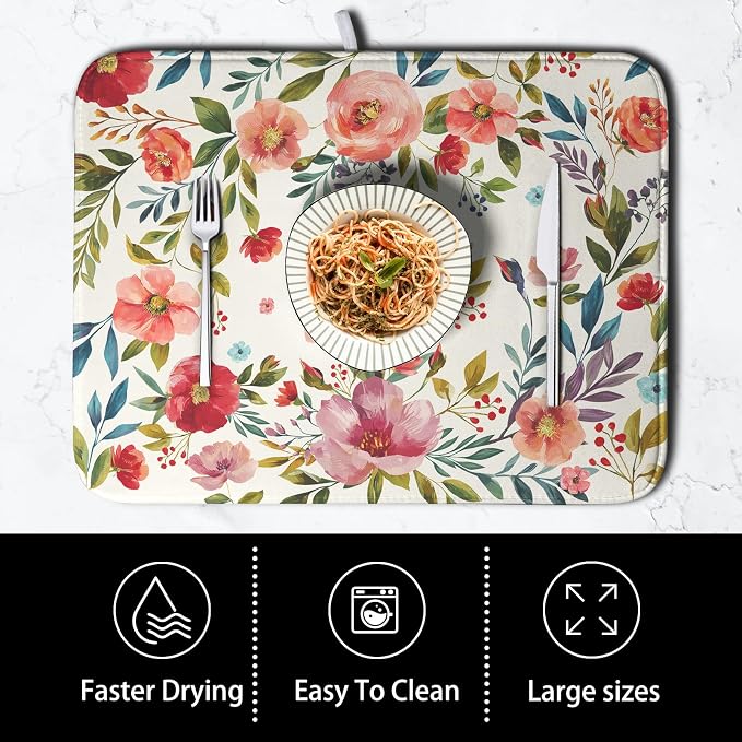 Floral Dish Drying Mat for Kitchen Counter Absorbent Microfiber Dishes Drying - Image 4