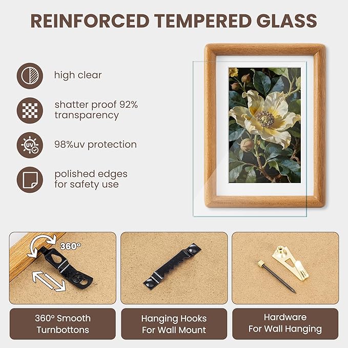 Axeman 16x20 Frame - Solid Teak Wood 16 x 20 Picture Frame With Mat for 11x14 - Rounded Corner 16 x 20 Frame with Tempered Glass for Wall Display