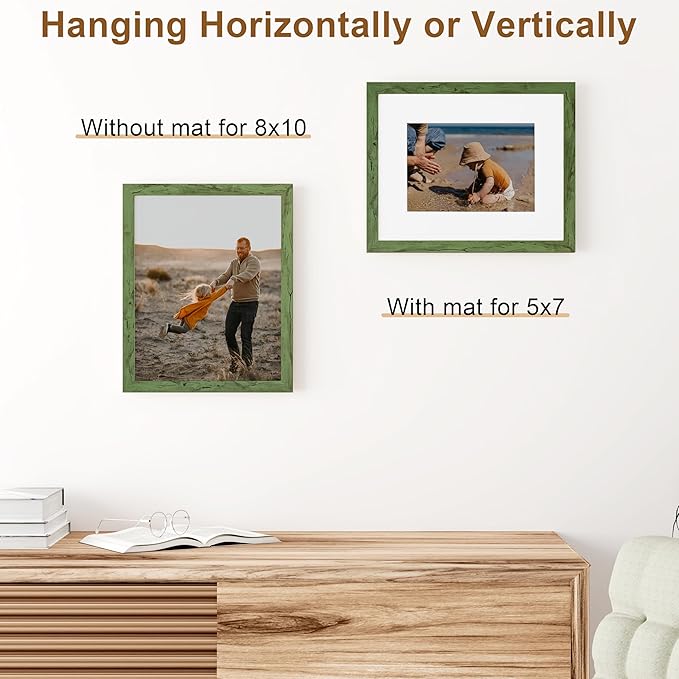 Vittanly 8x10 Picture Frame, Solid Wood Frame with Plexiglass, Includes 5x7 Mat, Wall Hanging or Tabletop for Home Decor, Rustic Green, 1 Pack