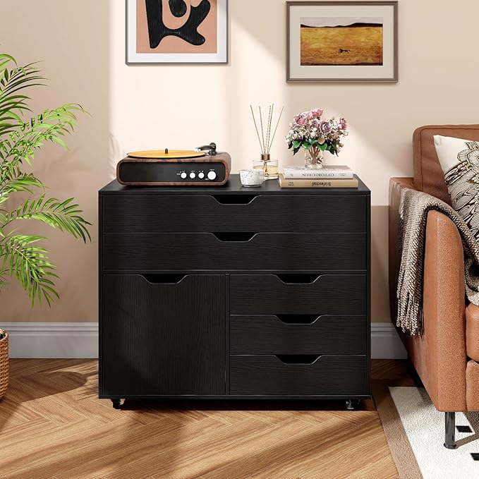 File Cabinet, Black Filing Cabinet w/Universal Wheels, Wood Printer Stand w/Storage, Rolling File Cabinets for Home Office, Living Dining Room (Black, 2 Large Drawers & 3 Small Drawers)