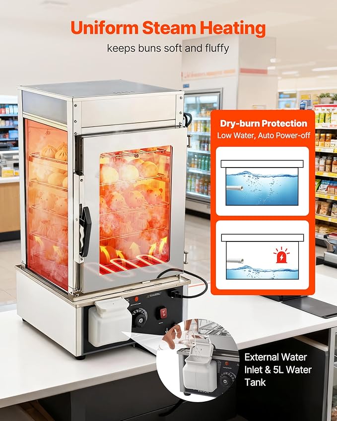 VEVOR 5-Tier Commercial Food Warmer Display, 1200W Food Display Warmer with LED Light, Adjustable Shelf & Stainless Steel Frame, 86℉~230℉ Steam Heating, 120L for Hamburger, Pizza, Bread, Fried Chicken