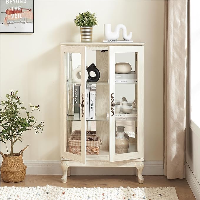 43" H Lighted Curio Cabinet Display Case, Glass Curio Cabinet with Adjustable Shelves & Tempered Glass Door, Wooden Cabinets with Mirrored Back Pane for Living Room (Antique White)