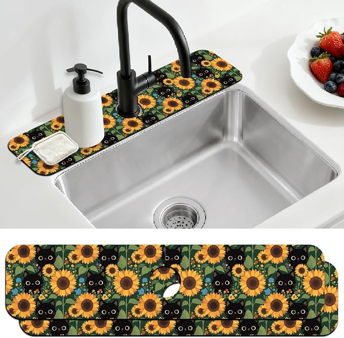 2 Pcs Black Cat Kitchen Sink Splash Guard Faucet Mat Sunflower Animals and by CONCHLERY%E6%97%97%E8%88%B0%E5%BA%97