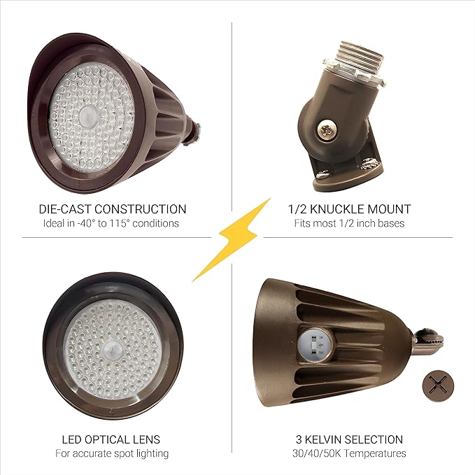 NUWATT 25W Bullet Spot Lights Outdoor LED Landscape Light, 3500 LM Bright Outdoor Lighting for Yard, 30K/40K/50K Selectable, 1/2" Knuckle Mount, 120-277V Waterproof Flag Pole Lights (6-Pack)