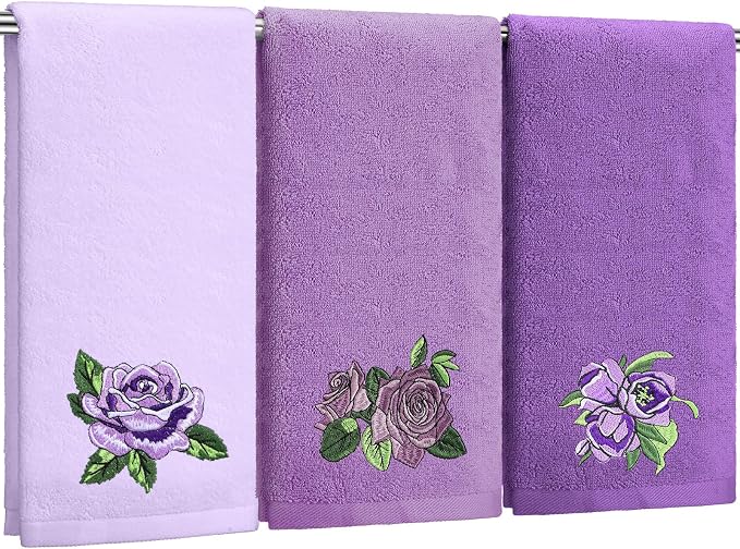 3 Pcs Purple Rose Hand Towels Lavender Purple Bathroom Decor | Embroidered by FuWeave
