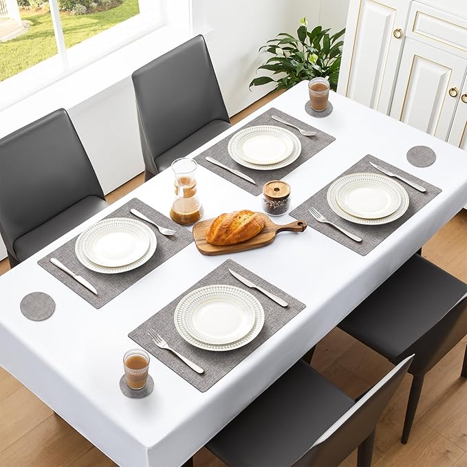 MOSAYT Faux Leather Placemats Set of 12-12 x 18 Inch - Heat Resistant Vinyl Place Mats with Coasters, Wipeable Washable Waterproof Oil Proof Table Mats for Kitchen Dining Indoor Outdoor, Light Grey