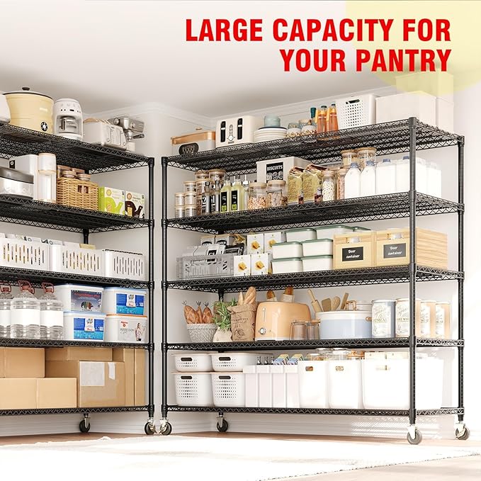 GarveeLife 82" H Storage Shelves with Wheels 3300 LBS Heavy Duty Metal Shelving 5-Tier Wire Shelving for Corner Storage Rack Adjustable Pantry Shelf for Kitchen Pantry, 82" H x 59" W x 23.5" D