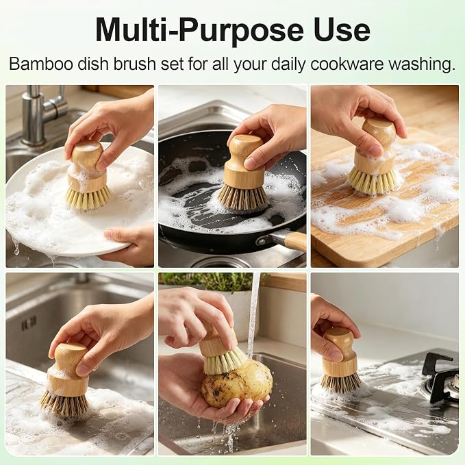 Bamboo Dish Brush Set with Holder, 2 Sisal & 1 Palm Scrub Brush | Natural - Image 7