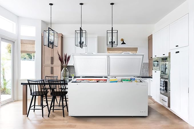 Hamilton Beach 25 Cu. Ft. Garage Ready Chest Freezer, White Deep Freezer, Adjustable Thermostat, Easy Defrost Drain, Double Door Lid, for Storage, Hunting, Large Family - 29"D x 79"W x 38"H