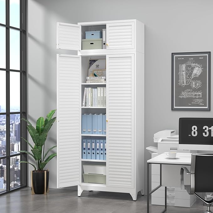 Kitchen Pantry Cabinet,90" Metal Storage Cabinet with Doors and 4 Adjustable Shelves,White Tall Locker Organizer Steel Garage Cabinets for Tool,File Cabinet for Office,Kitchen,Garage,School