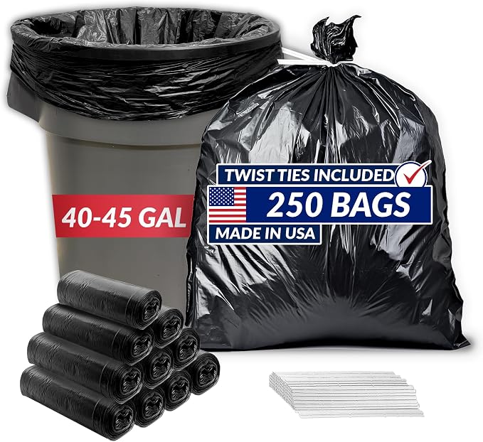 Reli. 40 to 45 Gallon Trash Bags Heavy Duty | 250 Trash Bags, Twist Ties | Black by Reli