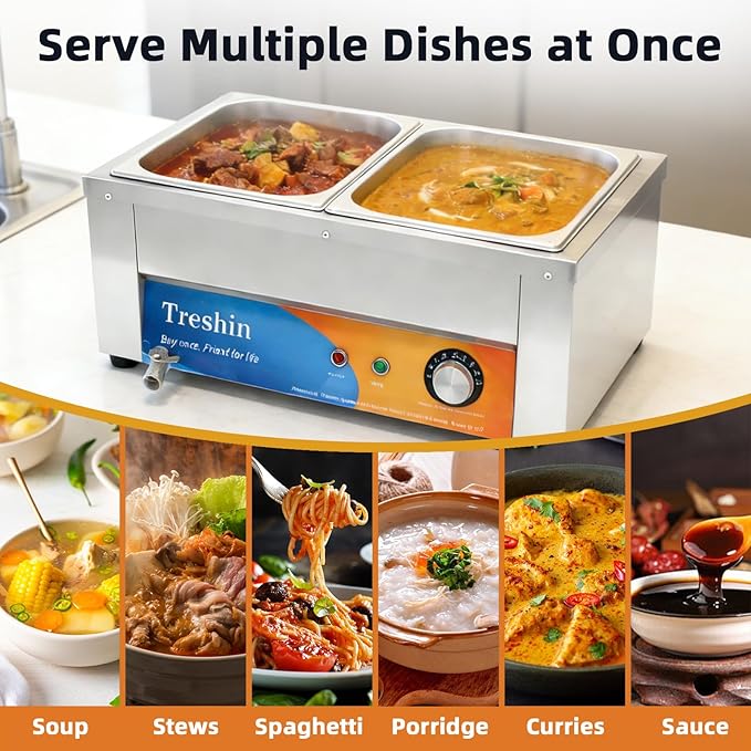 Treshin 2 Pan Commercial Food Warmer 21 Qt Capacity 1200W Stainless Steel Electrical Bain Marie Buffet Food Warmer Steam Table with Temperature Control & Lid for Home, Party, Catering, Restaurants