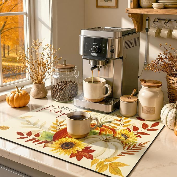 LOKHOM 12"x20" Fall Dish Drying Mat，Autumn Harvest Hello Pumpkin Sunflower | - Image 8