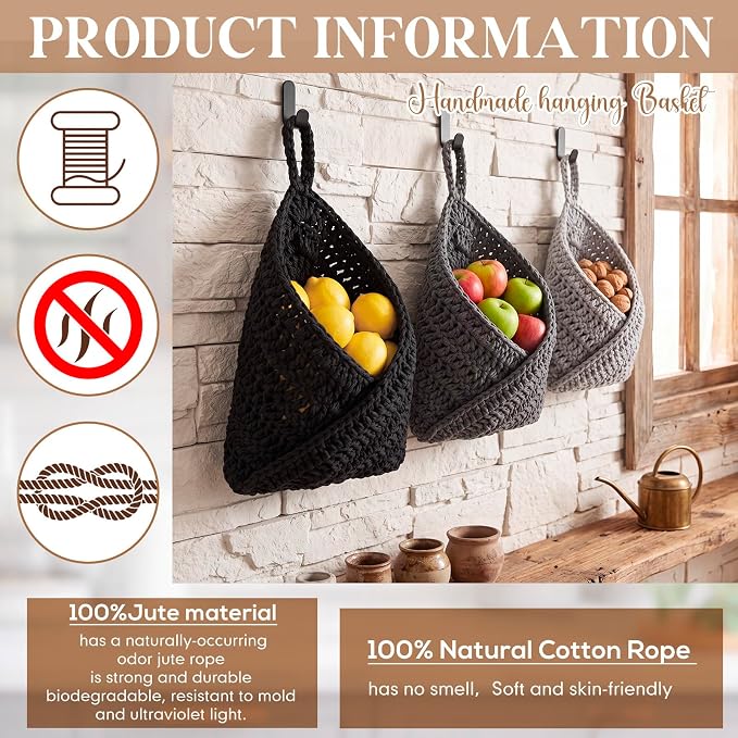 Honeydak 3 Hanging Baskets, Dark Grey, Cotton Rope - Image 4