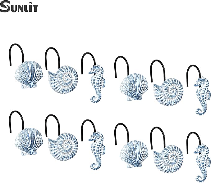 Sunlit Seashells Decorative Shower Curtain Hooks, Sky Blue Ocean Creatures - Image 3
