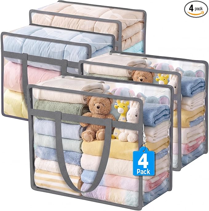4 Pack Clear Storage Bags for Clothes, 45L Closet Organizers and Storage | by BuddingJoy-BuildaJoyfulLifeforYou